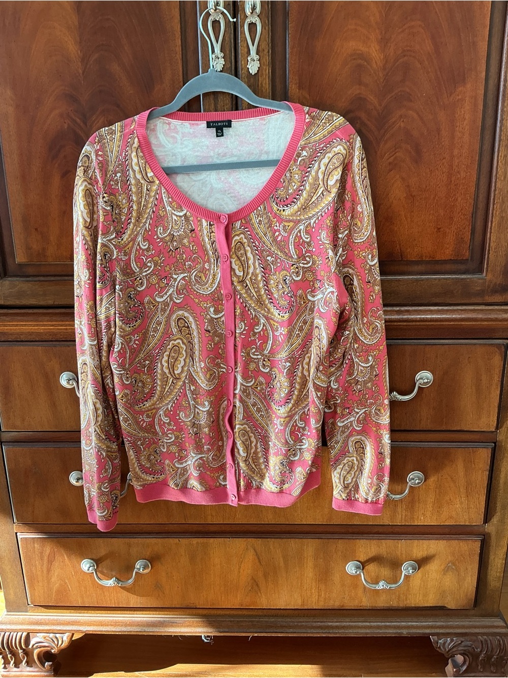 Talbots Coral Paisley Button-Front Cardigan